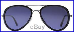 New Tom Ford TF 341 Miles 14V Black Silver Aviator Sunglasses Blue Lens