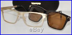 Tom Ford FT 5475 32E Eyeglasses Rectangular Gold Brown Frame Clip Sunglasses New